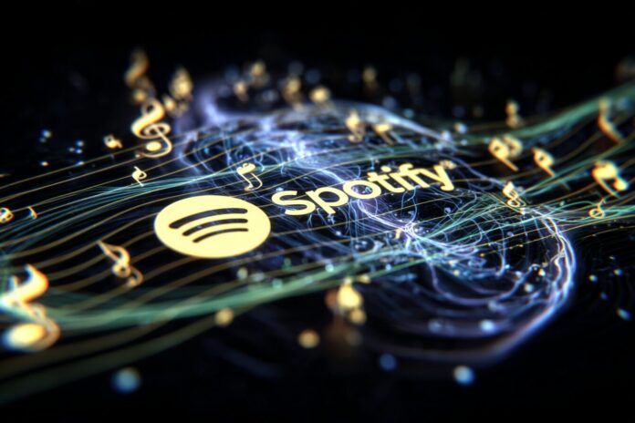 A digital visualization of musical notes and waveforms blending with abstract AI brain graphics over a Spotify logo, representing the intersection of artificial intelligence and music streaming.