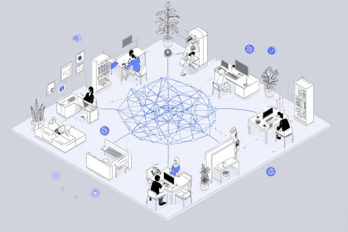 Conceptual illustration of interconnected AI agents cooperating autonomously in a digital workspace.