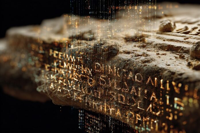 A digital representation of Google DeepMind’s Aeneas AI analyzing a fragmented Latin inscription etched on stone.