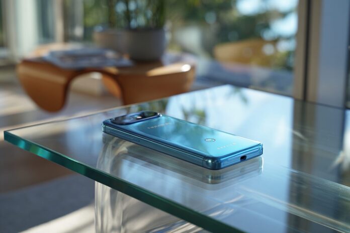 The Nothing Phone 3 resting on a modern glass table, showing its transparent rear and Glyph Matrix display.