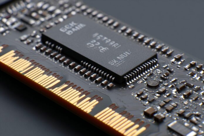 Close-up of a modern GDDR7 memory module labeled SK hynix, emphasizing chip details.