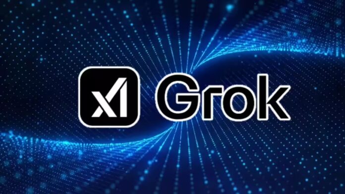 A stylized image of the Grok chatbot logo with an overlay of the X (formerly Twitter) symbol. A digital hand holding a caution sign appears beside the logo.