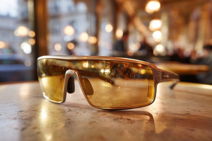 Oakley Meta HSTN limited edition smart glasses on a cafe table, gold lenses reflecting city lights.