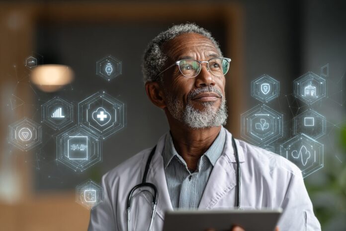 A doctor at a clinic, looking thoughtfully at a tablet with AI-inspired icons visible on screen.