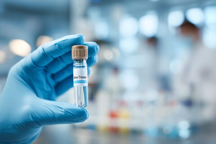 Close-up of a scientist holding a vial labeled 'Gene Therapy' in a clinical laboratory