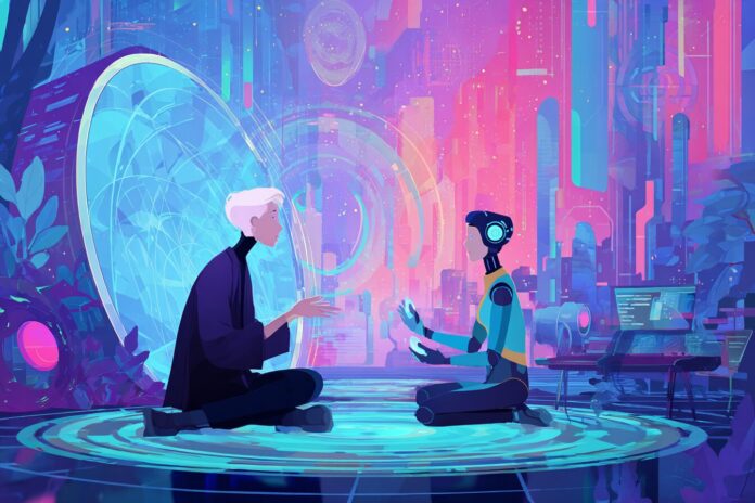 A futuristic digital storyteller AI interacting with a gamer inside a vibrant virtual world