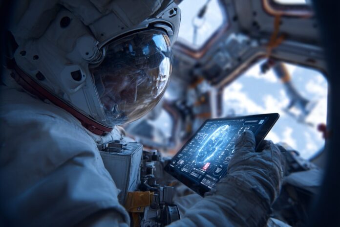 Astronaut using a tablet displaying AI interface, floating inside the International Space Station