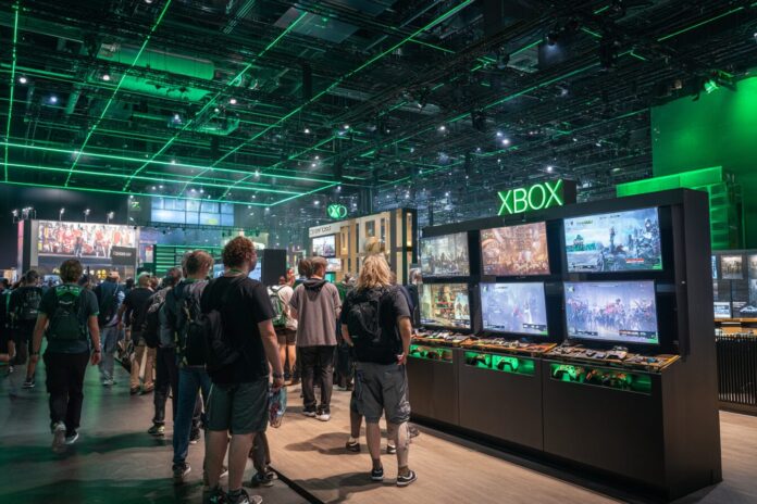 Gamers exploring the Xbox Gamescom 2025 booth with various game demo stations and new handheld hardware displays.