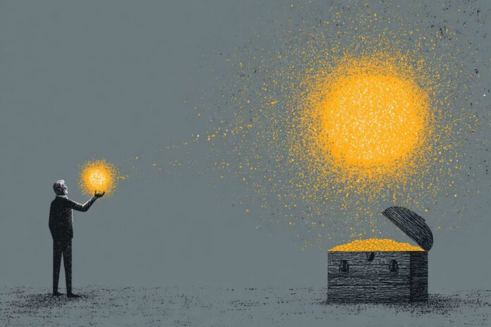 A symbolic illustration of a person holding a glowing orb representing attention, standing next to a treasure chest symbolizing ownership.