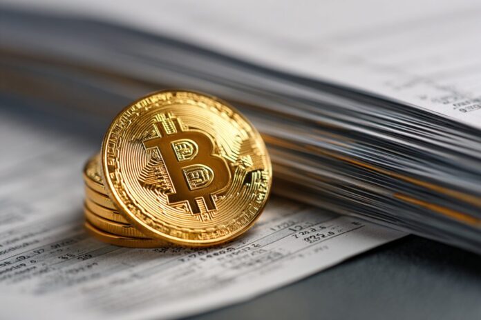 Close-up of a gold Bitcoin coin on a stack of financial documents, symbolizing corporate Bitcoin investment without equity dilution.