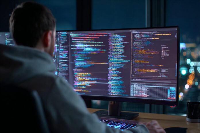 A developer reviewing suspicious code in a dark-themed editor with AI-generated commands highlighted