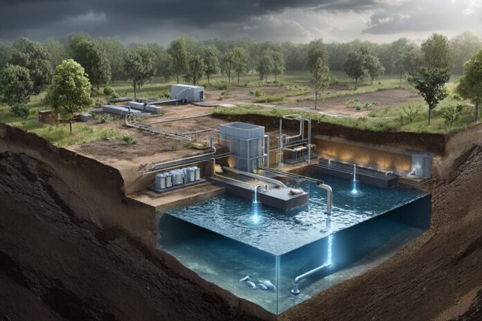 Underground energy storage system in action, with water reservoirs deep below the surface