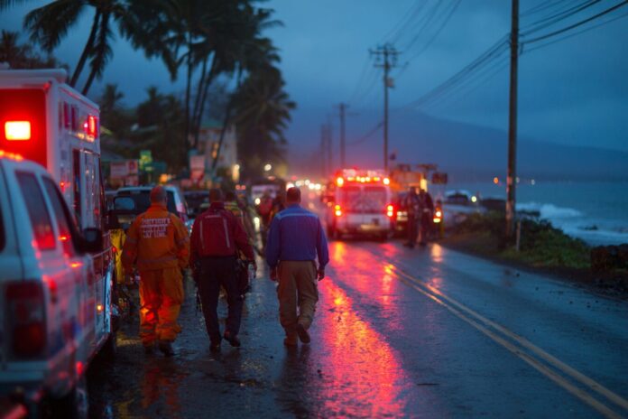 Emergency workers and residents evacuate a Hawaiian coastal area at dusk as tsunami warnings sound.