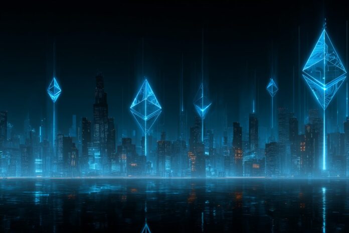 A stylized futuristic city skyline dominated by Ethereum (ETH) symbols and digital interfaces, conveying a sense of innovation and growth.