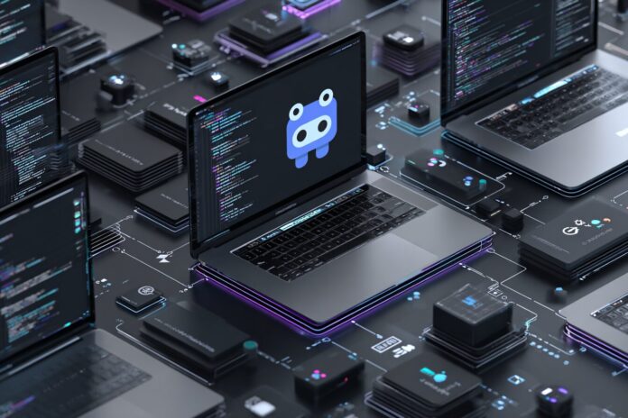 GitHub Copilot logo with developer laptops representing AI collaboration