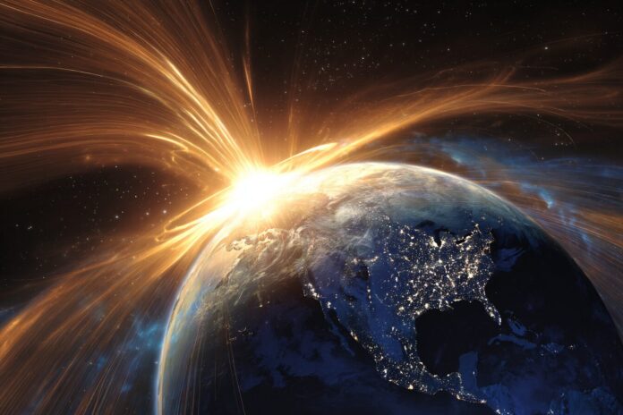 Earth's magnetic field shown as glowing arcs deflecting solar particles from space with the planet in the foreground.
