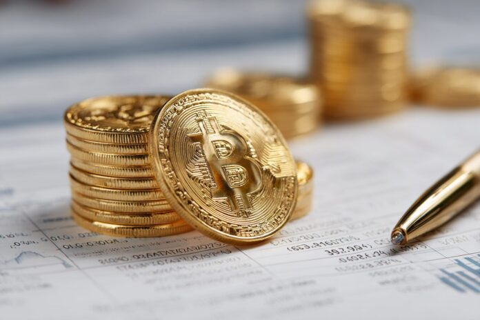 A stack of gold Bitcoin coins on a company's financial report.