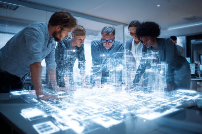 A group of technology visionaries collaborating around AI hardware blueprints.