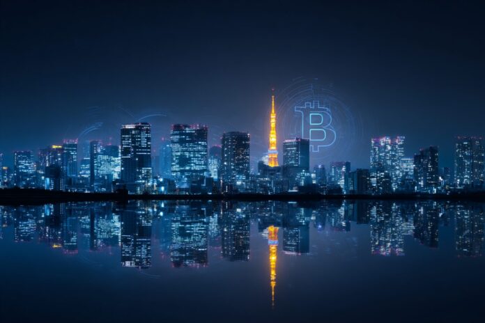 Tokyo skyline with digital Bitcoin graphics, symbolizing Japanese corporate cryptocurrency adoption.