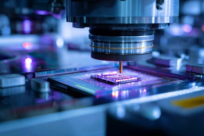Modern AI chip manufacturing equipment inside an American factory