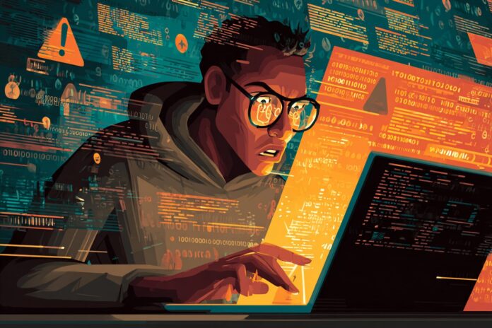An illustration depicting a hacker breaching into an Amazon AI coding assistant, with binary code and alert symbols.