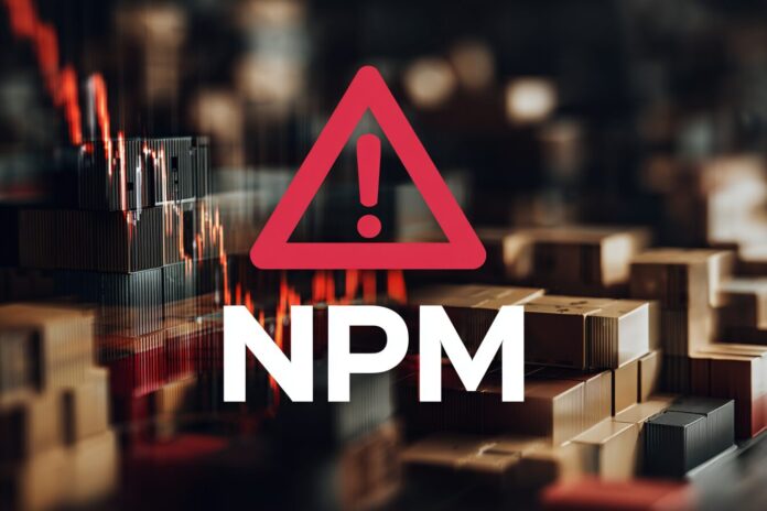 The NPM logo with a warning symbol overlays a faded package download graph, symbolizing the 'is' package malware incident.