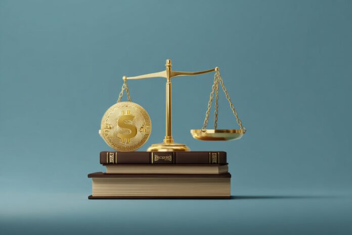 A stylized image showing a gold scale balancing a digital coin labeled 'Stablecoin' against a regulatory law book, symbolizing crypto regulation.