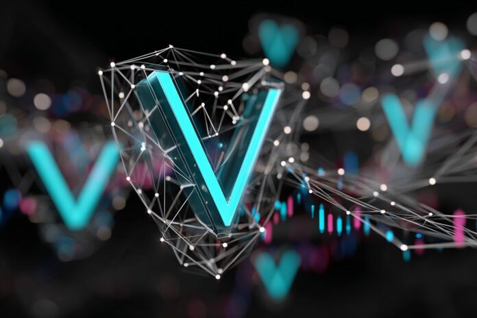 Visual concept of VeChain blockchain upgrade with digital nodes and dynamic price movement