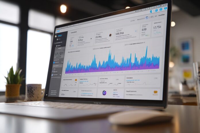 Modern computer screen displaying AI-generated referral analytics dashboard with traffic spikes.