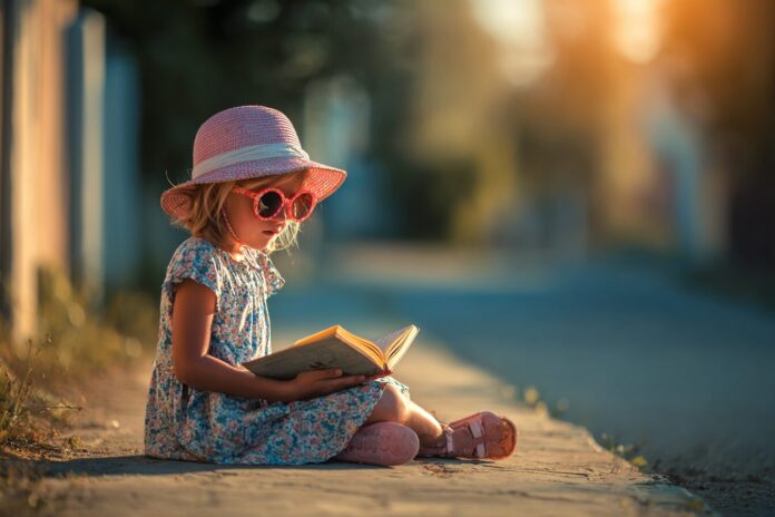 A child reading a book outside in the summer sun, symbolizing learning during vacation.