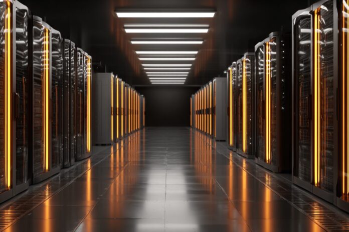 A modern data center with rows of illuminated server racks, emphasizing the infrastructure required for AI processing.