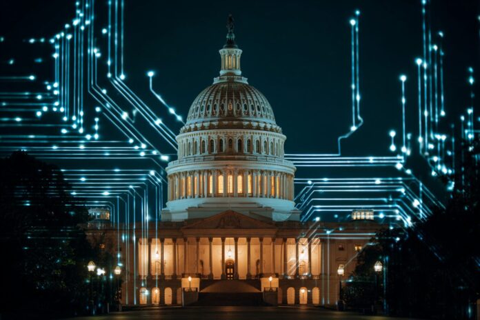 Capitol building at dusk with neon-lit AI circuit overlay, symbolizing weakened oversight of artificial intelligence in the United States in 2025.