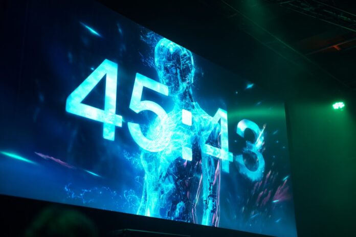Grok 4 launch event countdown with futuristic AI visuals and a digital clock.