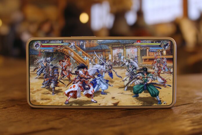 Samurai Shodown R heroes in a clan battle scene on mobile, highlighting dynamic NFTs.