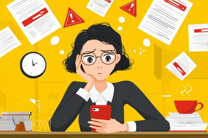 A frustrated employee staring at a mobile phone surrounded by multiple MFA notification prompts, symbolizing MFA fatigue attacks.
