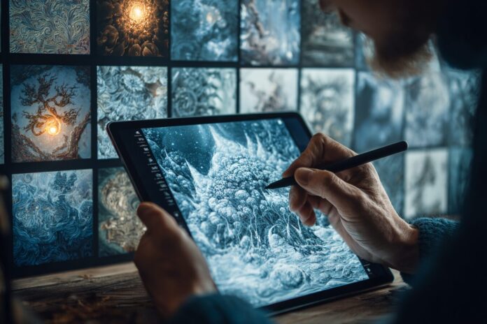 Digital artist working on a tablet, surrounded by both classical and generative AI artworks, symbolizing the intersection of human creativity and artificial intelligence.