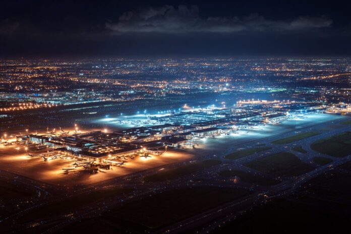 Night aerial view of a large international airport with terminals, runways, and planes, illuminated by powerful lights.