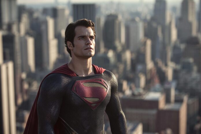 Superman standing heroically above a bustling Metropolis skyline, sunlight glinting off his iconic suit.