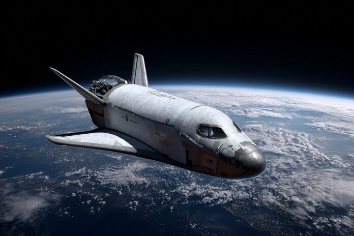An artist’s impression of the X-37B spaceplane gliding through low Earth orbit, highlighting its military applications and stealth design.