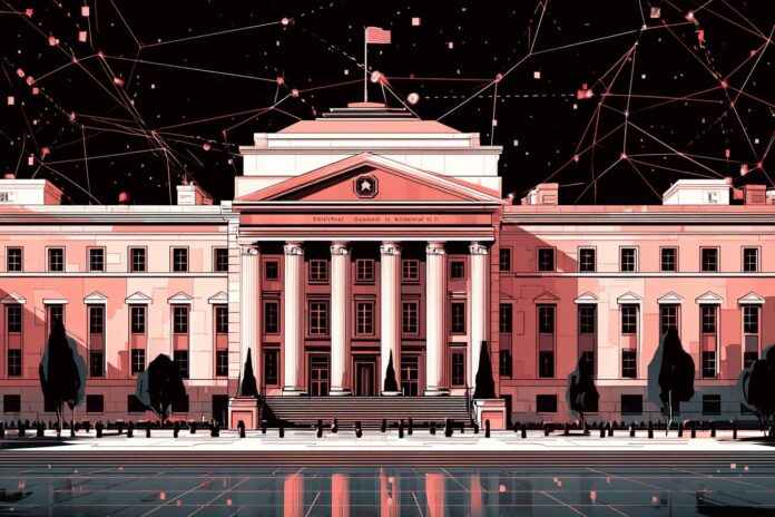 A stylized government building with xAI and Pentagon logos, representing the contract agreement.