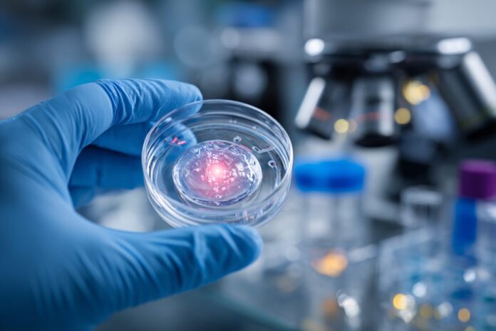 Gloved hands holding an IVF embryo inside a laboratory dish, with scientific equipment visible in the background.