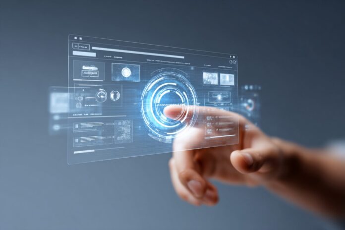 A futuristic web browser interface with AI-powered assistants integrated, visually distinct from the Chrome browser.