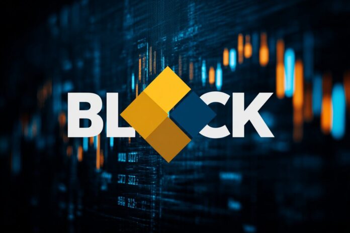 Block Inc. logo with S&P 500 in bold background, celebrating index inclusion