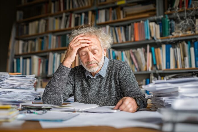 Mathematician reviewing research papers, looking concerned at a cluttered desk lined with mathematics books and funding documents