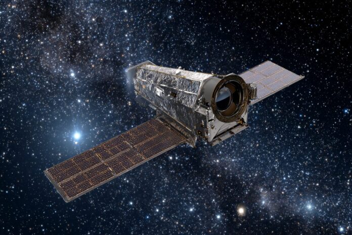 NASA's Roman Space Telescope against a starry background highlighting its observation instruments.