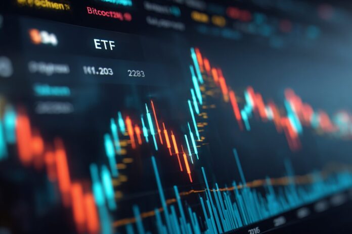 Close-up of cryptocurrency ETF graph showing Ether and Bitcoin inflow trends in 2025