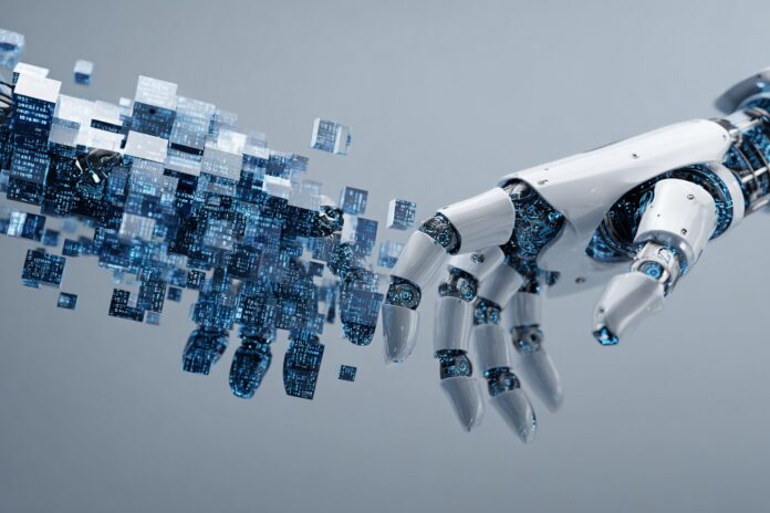 Robotic hands connecting digital data blocks symbolizing AI standardization.