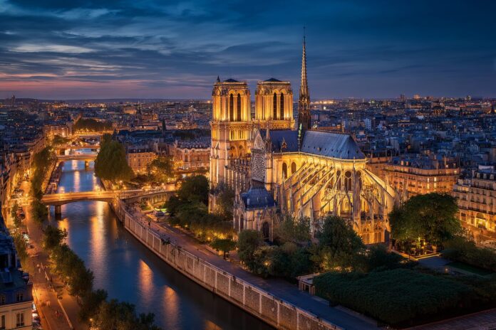 Aerial view of Notre-Dame Cathedral illuminated at night, Paris skyline in the background.