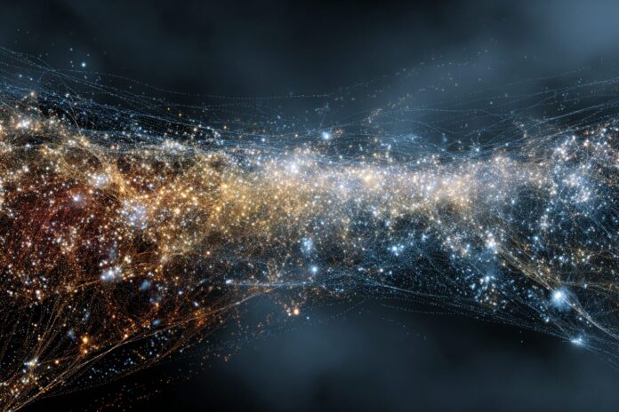 A panoramic digital illustration of the Quipu superstructure, with multiple galaxy clusters linked by filamentary bridges against a dark cosmic background