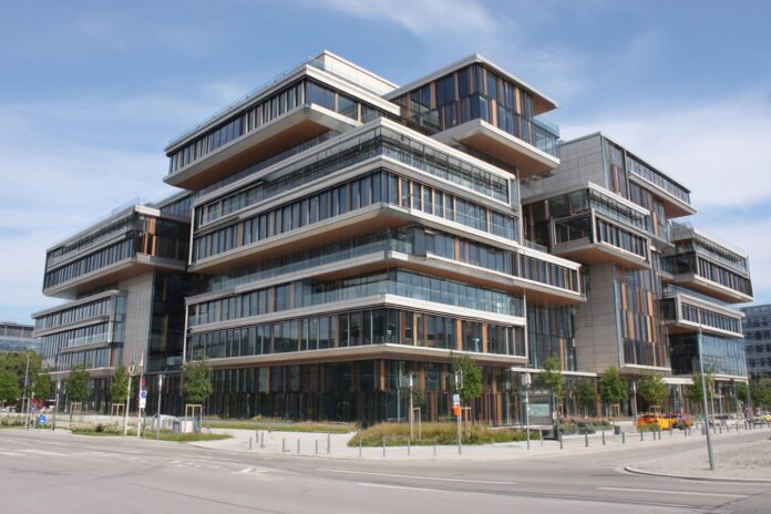 Modern European office building housing Bybit EU headquarters in Vienna, Austria